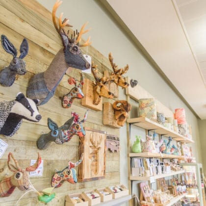 Various model animal heads, made of fabric, line a wall in a store.