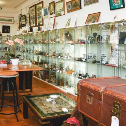 Glass, closed display shelves hold vintage looking products.