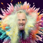 Image of Fatboy Slim surrounded by colourful flowers.